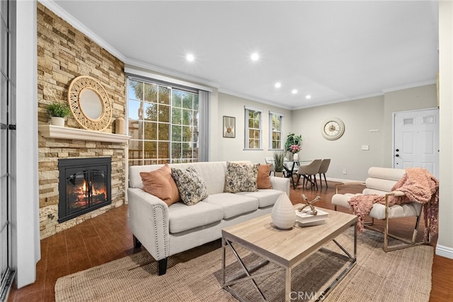 living room with ornamental molding, a fireplace, and hardwood / wood-style floors