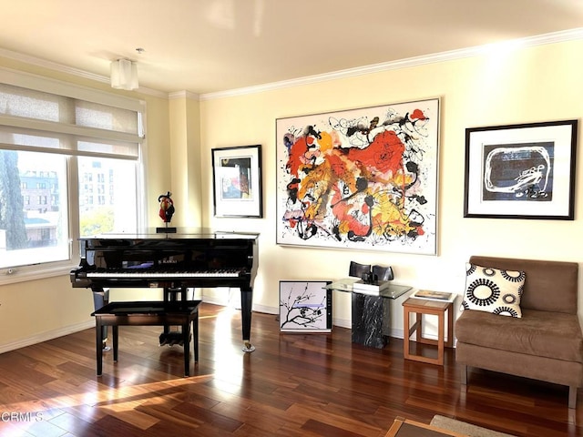 interior space with dark hardwood / wood-style flooring and ornamental molding