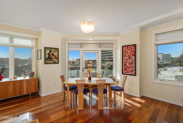 dining area featuring ornamental molding, a wealth of natural light, a notable chandelier, and dark hardwood / wood-style flooring