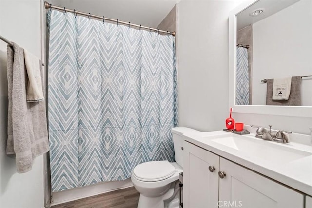 bathroom featuring toilet, wood-type flooring, and vanity