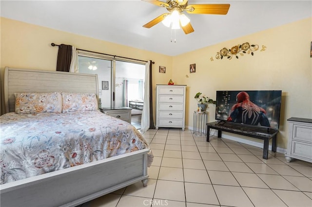 tiled bedroom with ceiling fan