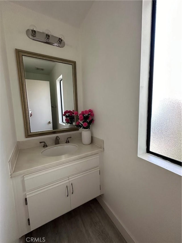 bathroom featuring hardwood / wood-style flooring and vanity