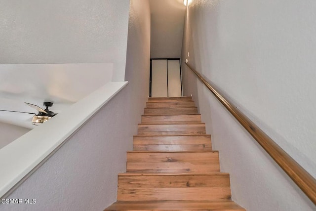 staircase featuring ceiling fan