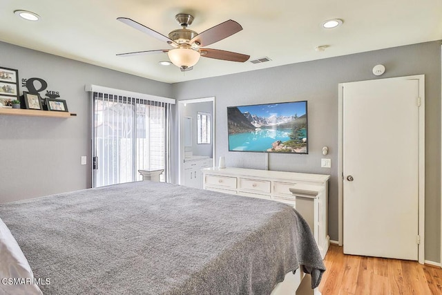 bedroom featuring ceiling fan and light wood-type flooring