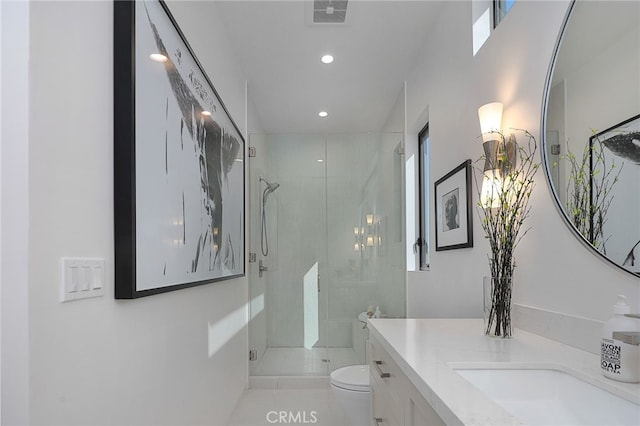 3011 Ocean Front Walk, Venice, CA 90291 - bathroom featuring toilet, vanity, visible vents, recessed lighting, and a stall shower