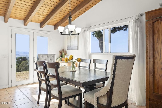 dining space featuring vaulted ceiling with beams, light tile patterned floors, wood ceiling, and a notable chandelier