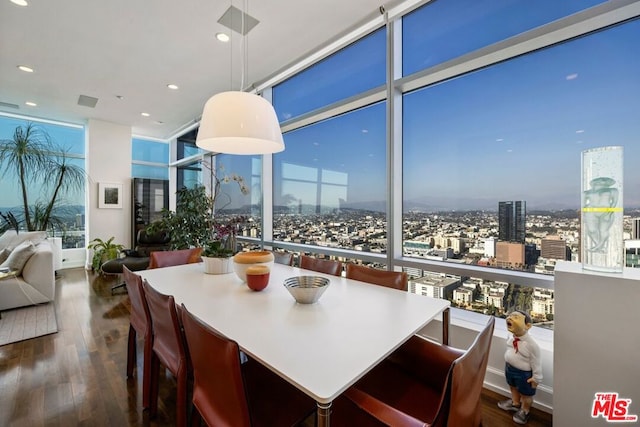 dining area with floor to ceiling windows and dark hardwood / wood-style floors