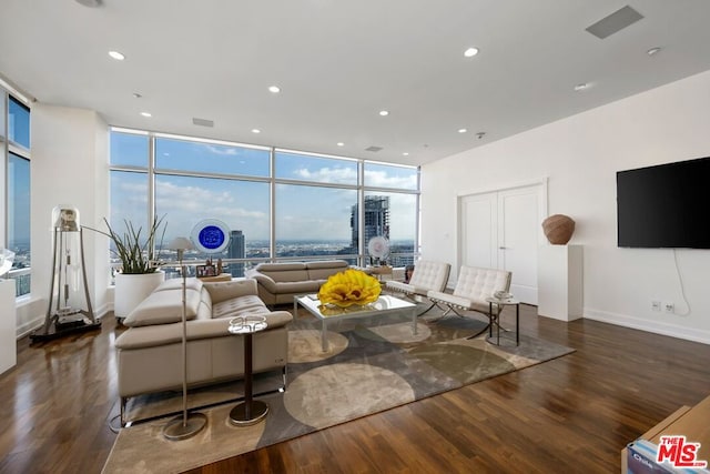 living room featuring dark hardwood / wood-style flooring and a wall of windows