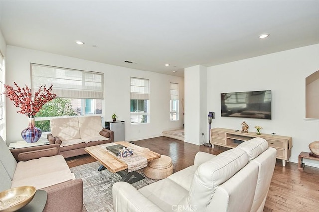 living room featuring wood-type flooring and plenty of natural light