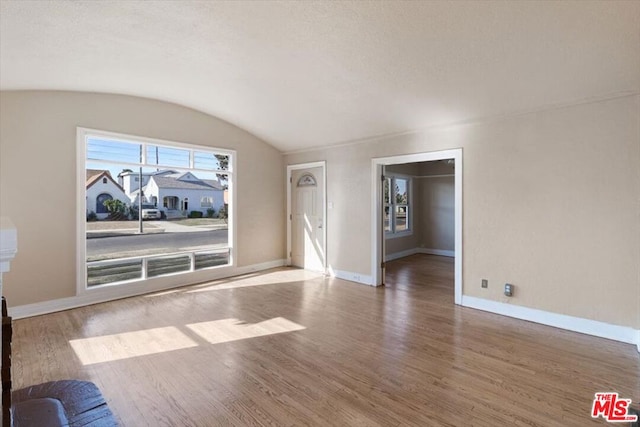 unfurnished living room featuring lofted ceiling and wood-type flooring