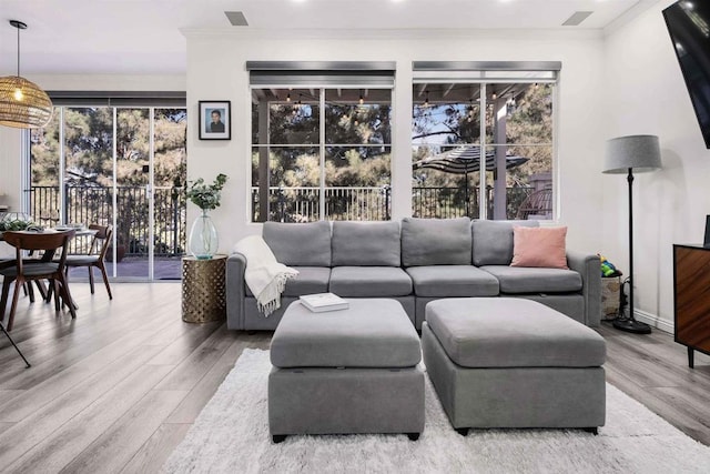 living room with hardwood / wood-style flooring and ornamental molding