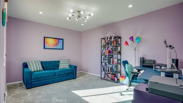 office area with light carpet and a chandelier