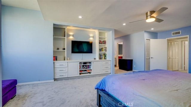 bedroom with ceiling fan, recessed lighting, light colored carpet, visible vents, and baseboards