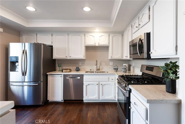 kitchen featuring a raised ceiling, appliances with stainless steel finishes, sink, and white cabinets