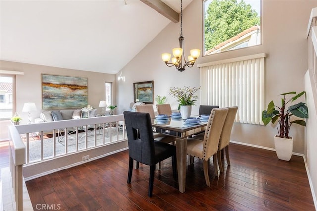 dining area featuring an inviting chandelier, high vaulted ceiling, dark hardwood / wood-style floors, and beamed ceiling