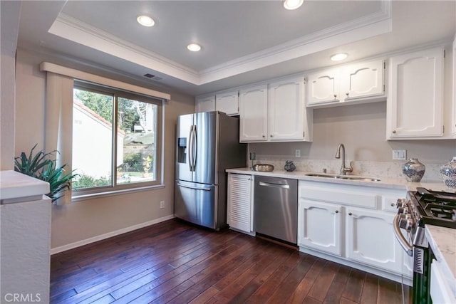 kitchen featuring white cabinetry, appliances with stainless steel finishes, a tray ceiling, and sink