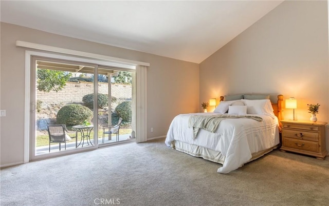 bedroom featuring carpet flooring, high vaulted ceiling, and access to outside