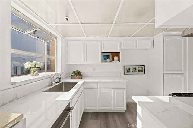 kitchen featuring white cabinetry, light hardwood / wood-style floors, light stone counters, and sink