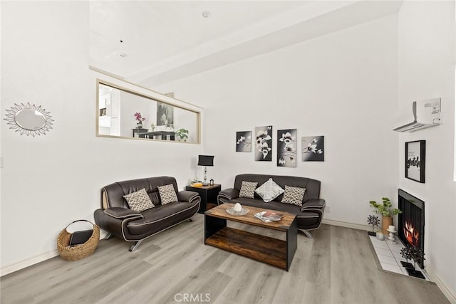 living room with a tiled fireplace and light hardwood / wood-style flooring