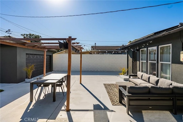 view of patio / terrace featuring a pergola and outdoor lounge area