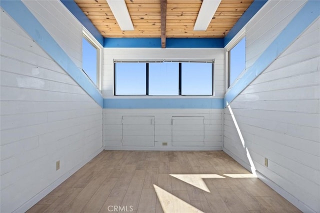 empty room featuring light wood-type flooring, wooden ceiling, and beamed ceiling