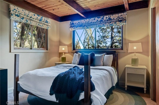 bedroom with wooden ceiling, beam ceiling, and hardwood / wood-style floors