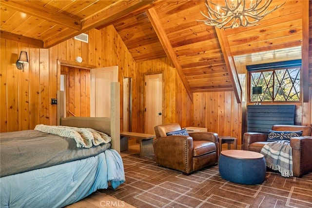 bedroom featuring wooden ceiling, vaulted ceiling with beams, wooden walls, and a notable chandelier