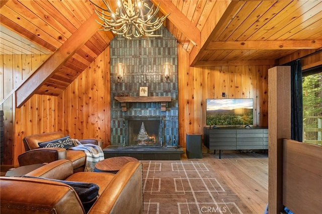 unfurnished living room featuring vaulted ceiling with beams, a fireplace, and wood walls