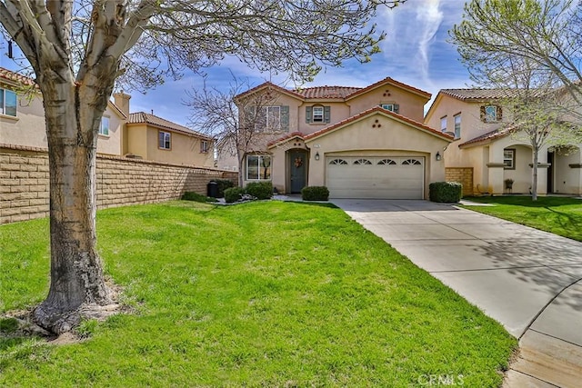 mediterranean / spanish house featuring a garage and a front lawn