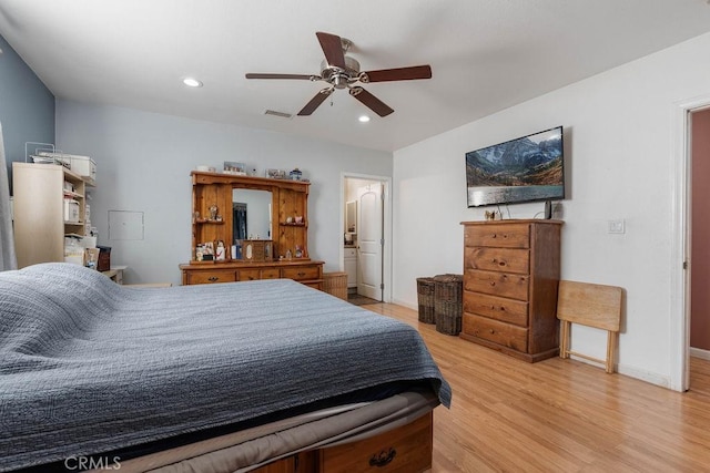 bedroom featuring light wood-type flooring and ceiling fan