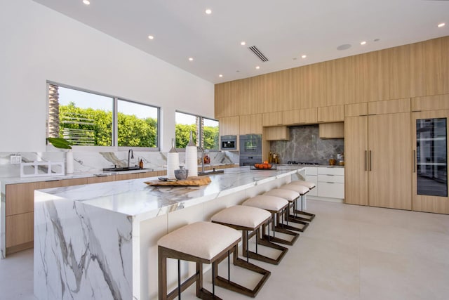 kitchen featuring light stone countertops, sink, a breakfast bar area, and a large island