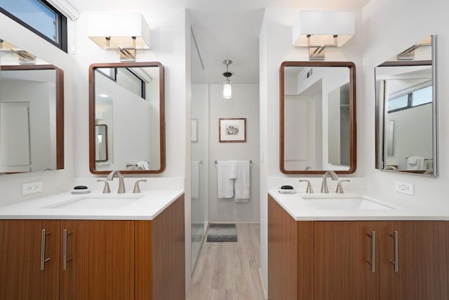 bathroom featuring vanity, wood-type flooring, and a healthy amount of sunlight