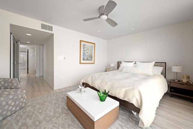 bedroom featuring ceiling fan and light hardwood / wood-style floors