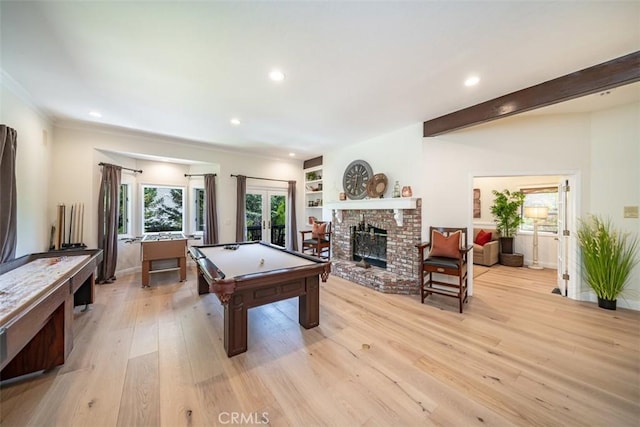 playroom featuring built in features, french doors, light hardwood / wood-style flooring, and pool table