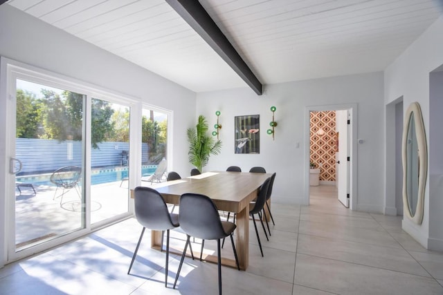 dining area with wooden ceiling and beamed ceiling