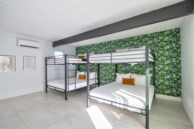 bedroom featuring an AC wall unit and beam ceiling