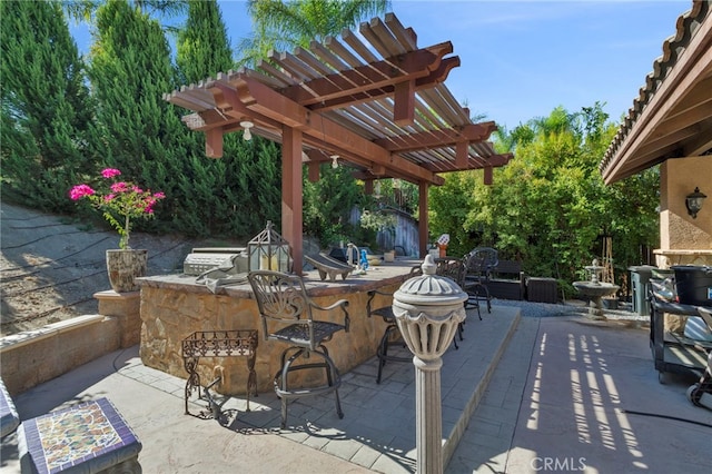 view of patio / terrace with a pergola, an outdoor kitchen, and exterior bar