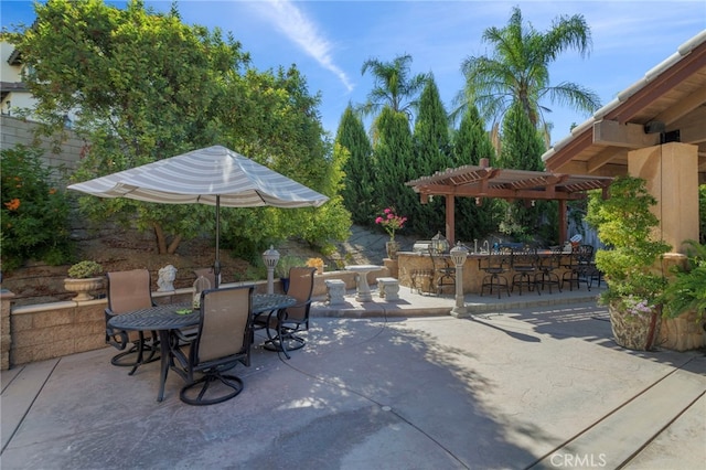 view of patio / terrace with an outdoor bar and a pergola