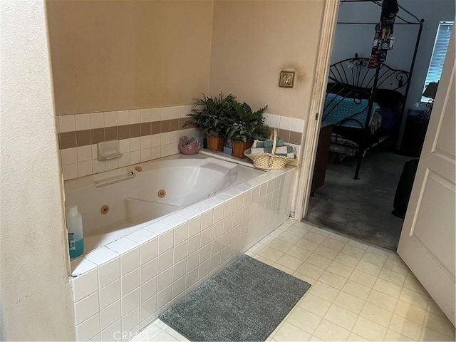 bathroom with tile patterned floors and tiled bath