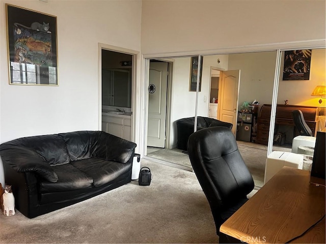 office with sink, washer and dryer, and light colored carpet