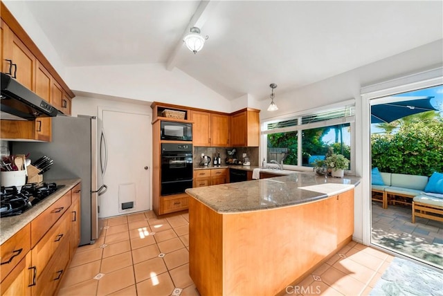 kitchen featuring black appliances, vaulted ceiling with beams, kitchen peninsula, light stone countertops, and light tile patterned floors