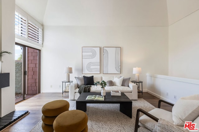 living room featuring light wood-type flooring and a towering ceiling