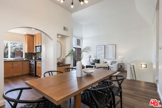 dining space featuring a high ceiling, dark hardwood / wood-style floors, and sink