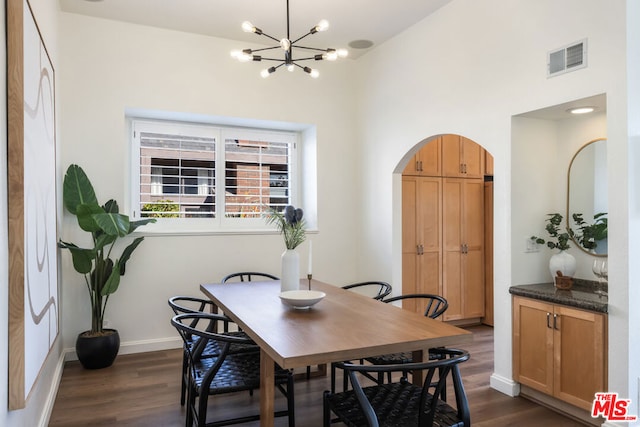 dining room featuring dark wood-type flooring and a chandelier