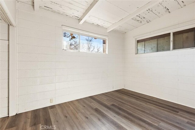 basement featuring dark hardwood / wood-style flooring and wooden ceiling