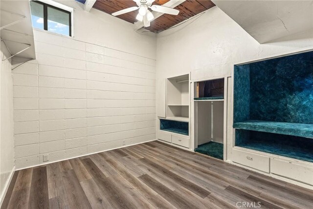 unfurnished living room with ceiling fan, built in shelves, hardwood / wood-style floors, and wood ceiling