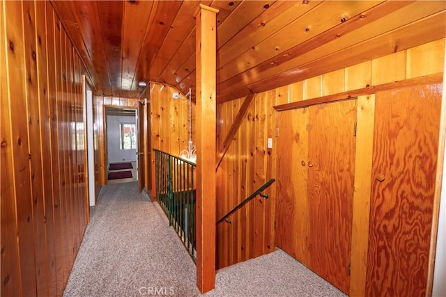 corridor with light colored carpet, wood walls, and wood ceiling