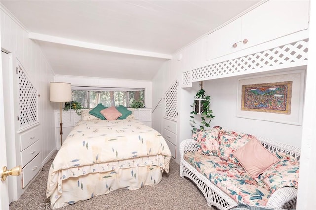 carpeted bedroom featuring beam ceiling