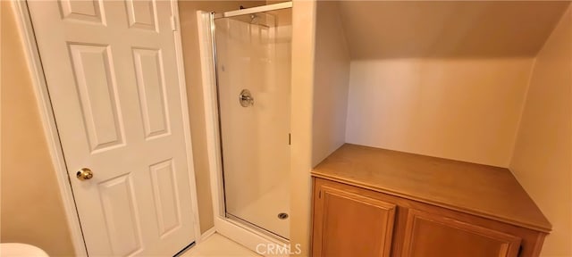 bathroom featuring a shower with shower door