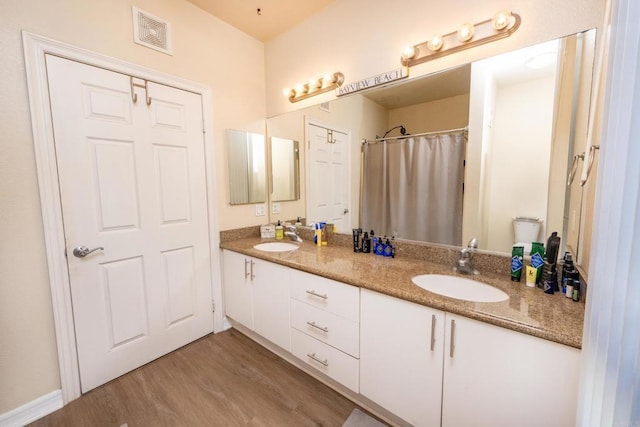 bathroom with toilet, hardwood / wood-style floors, and vanity